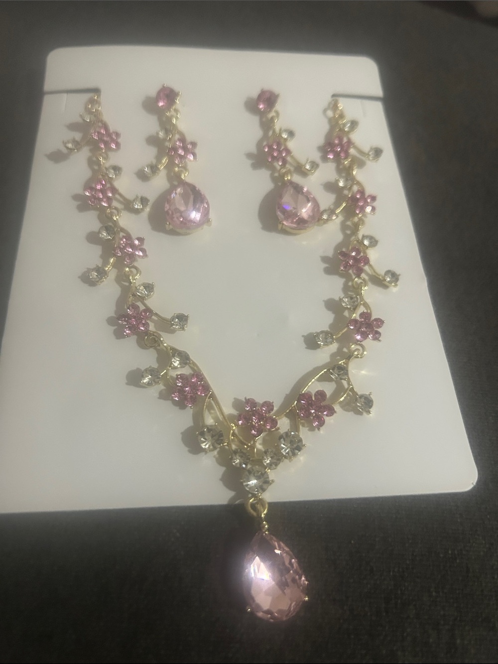 Gold-Tone Pink Floral Crystal Necklace & Earring Set